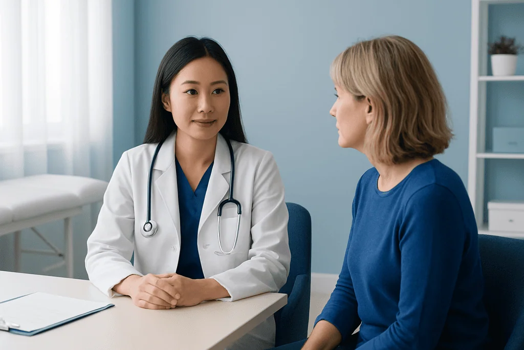 Doctor consulting with a female patient in a medical office.