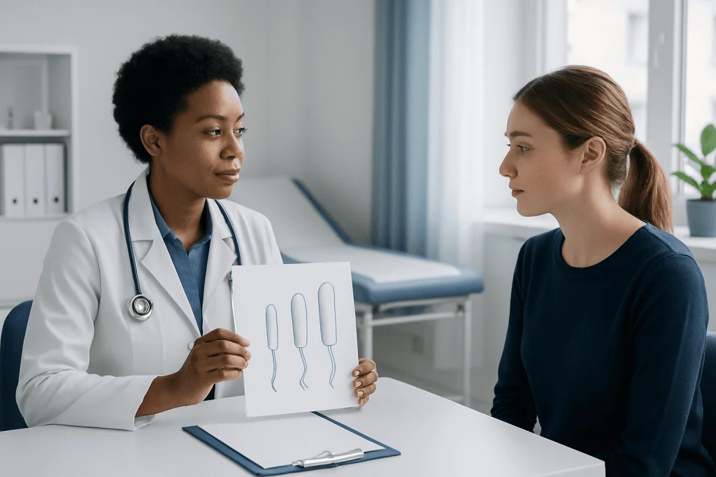 Doctor explaining tampon sizes to a patient in a consultation room.