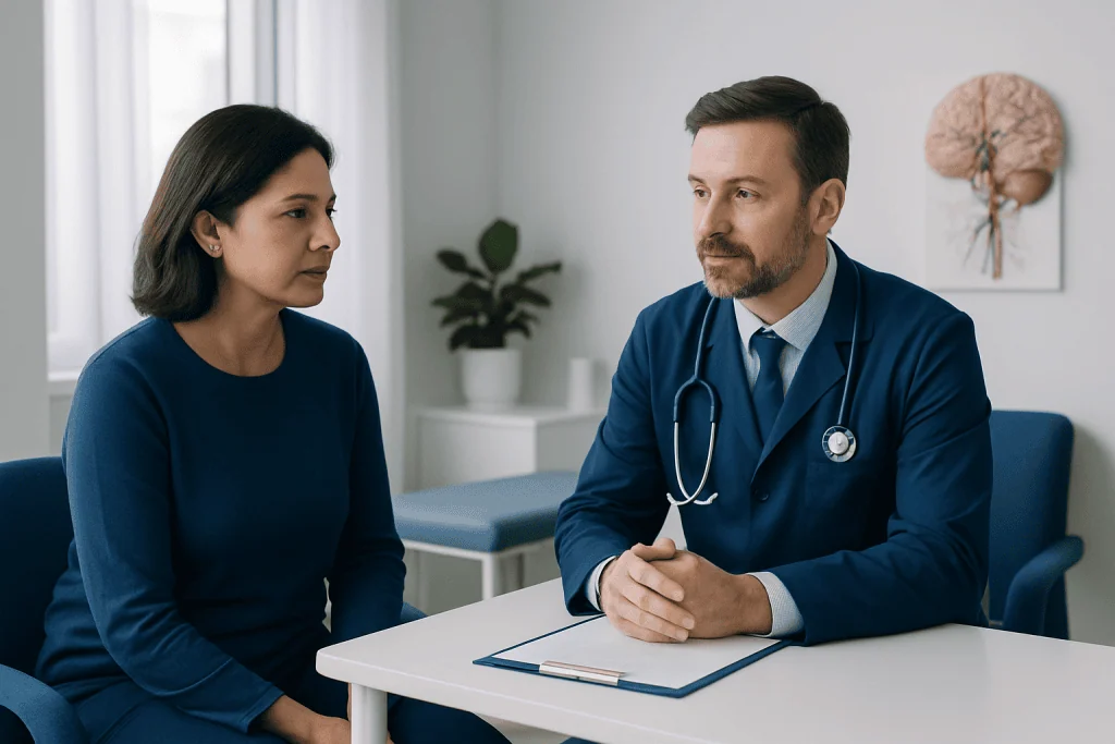 Doctor consulting with a female patient in a medical office.