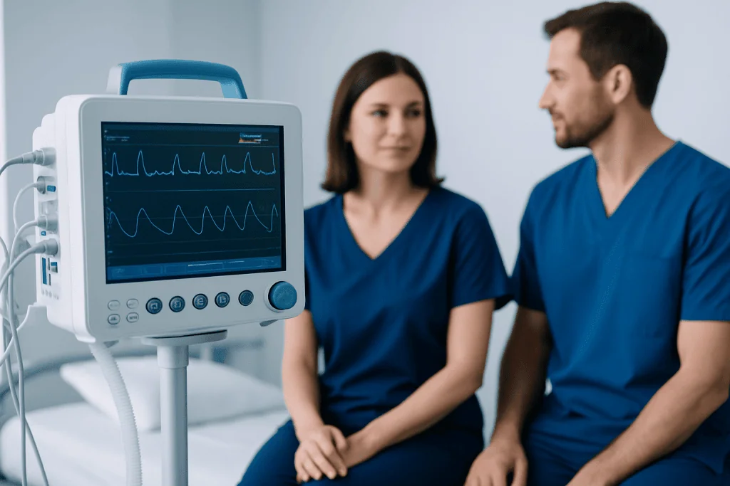 Medical professionals monitoring patient with ECG machine in hospital.