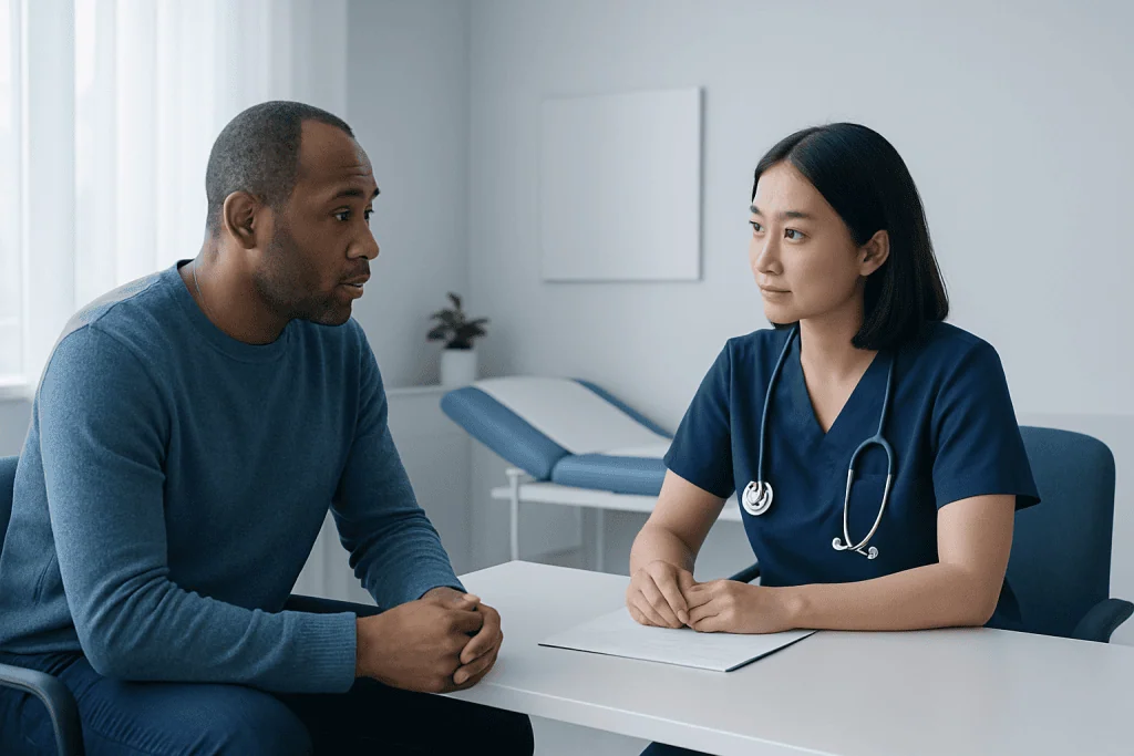 Doctor consulting with a male patient in a modern medical office.