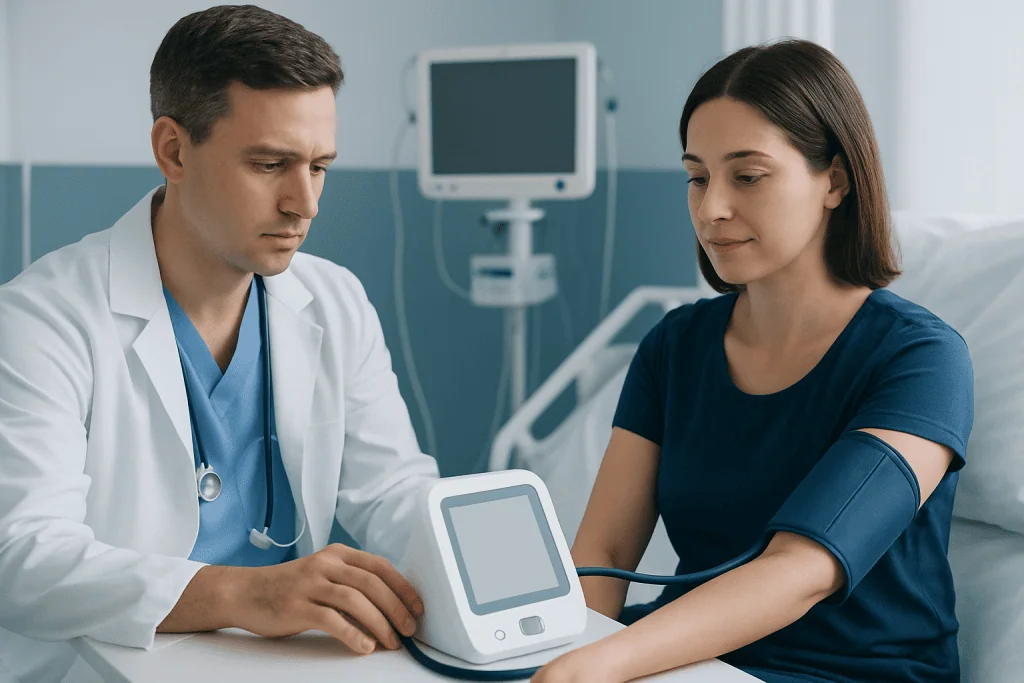 Doctor measuring blood pressure of a woman in a hospital setting.