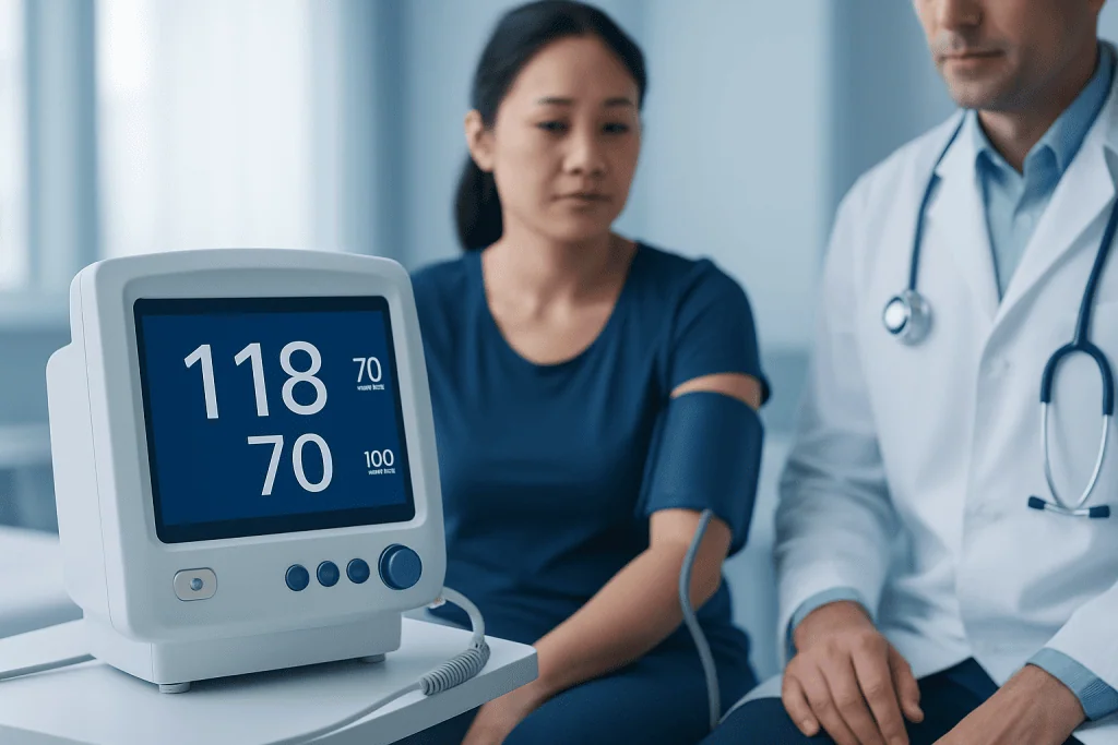 Patient's blood pressure reading 118/70 monitored by healthcare professional.