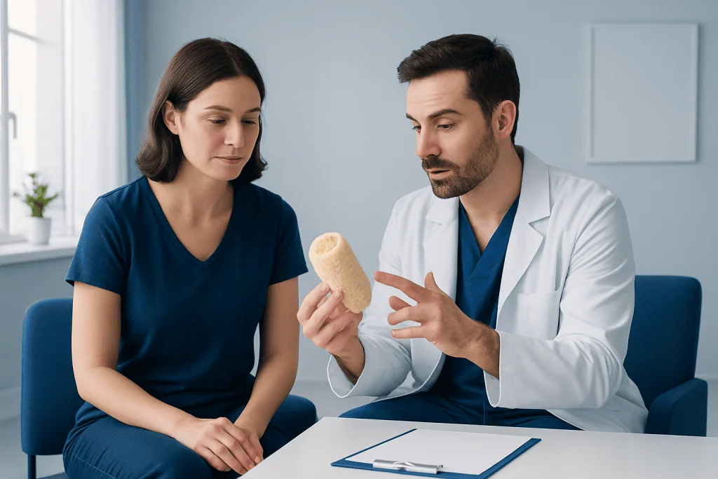 Doctor explaining how to clean a loofah to a patient in a clinic setting.