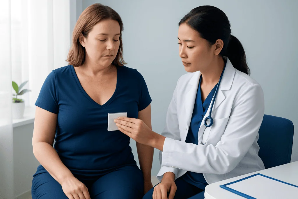 Doctor explaining post-surgery care to a patient after breast reduction.