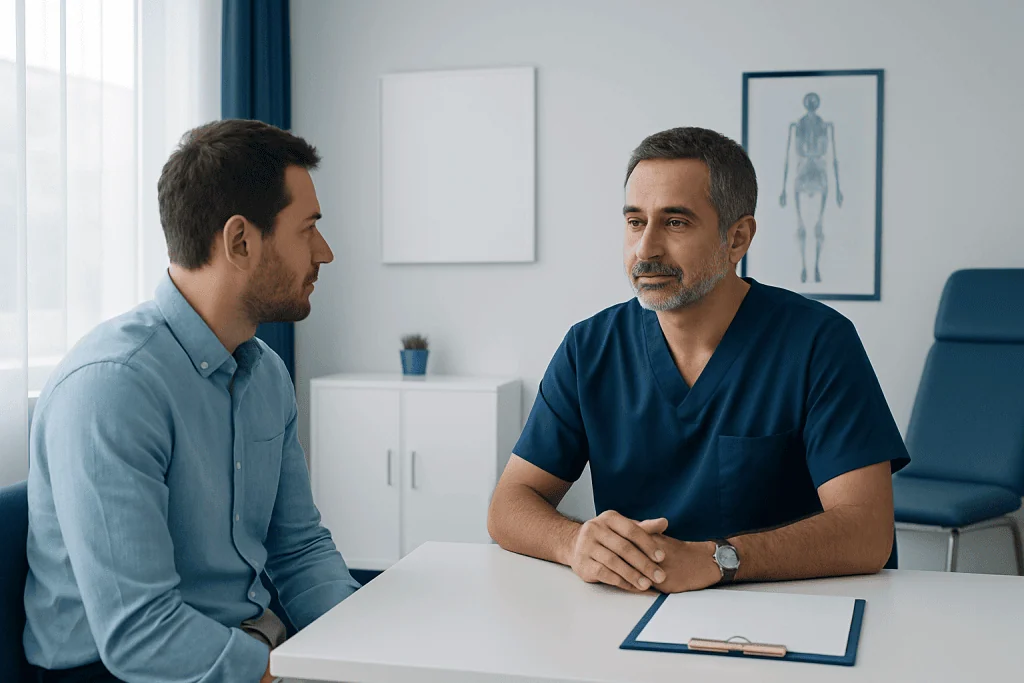 Doctor consulting with a patient in a modern medical office.