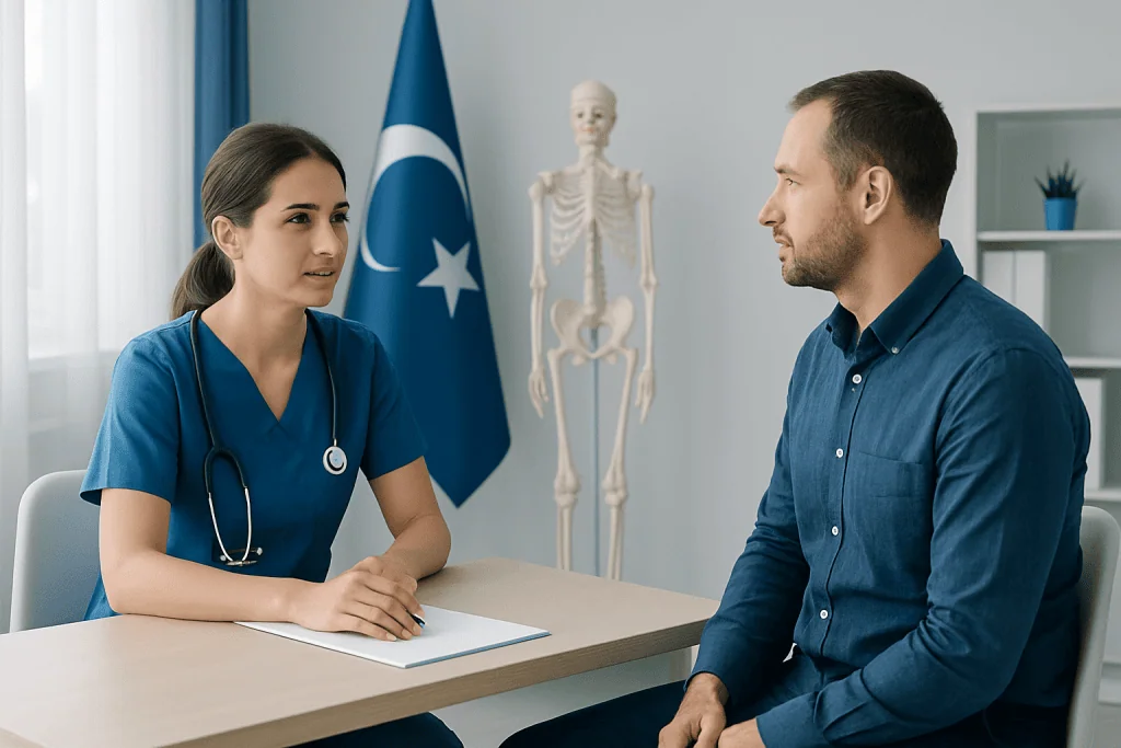Doctor consulting with male patient in medical office with Turkish flag and skeleton model.