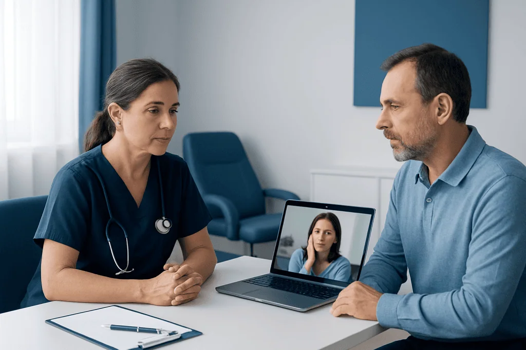 Doctor and patient discussing health concerns during telemedicine consultation.