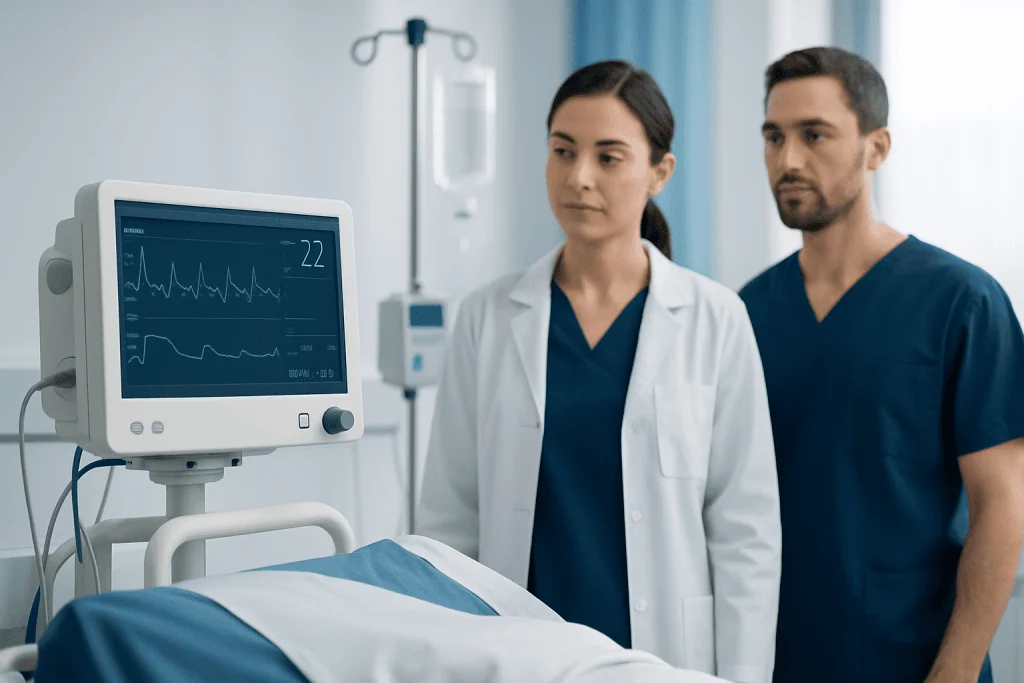 Medical professionals monitoring patient vital signs in hospital.