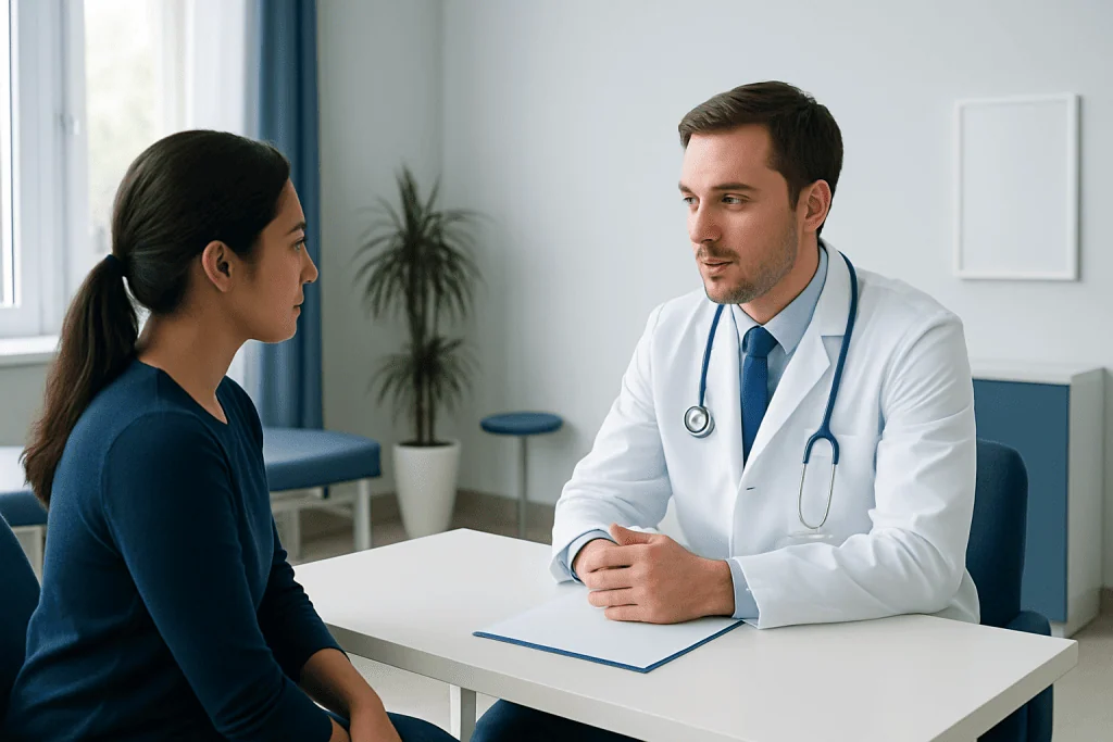 Doctor consulting with a patient in a modern hospital room.