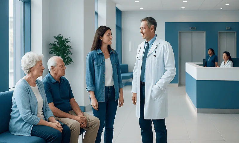 Doctor talking to family members in hospital waiting area.