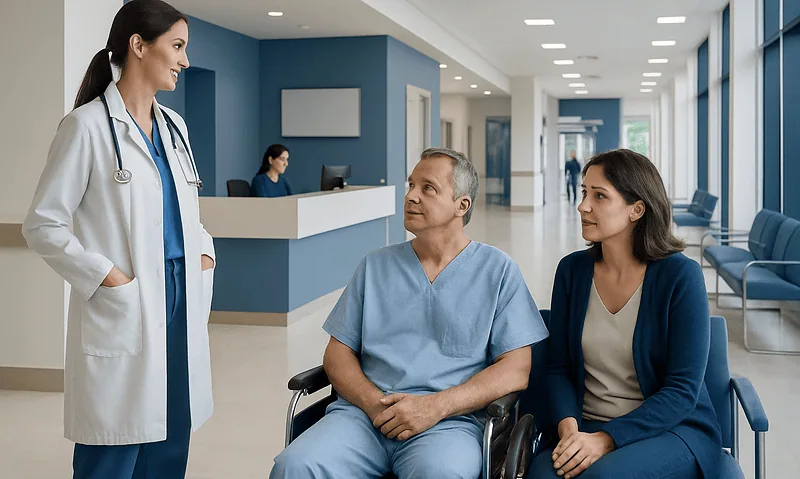 Hospital staff talking to a patient in a modern medical facility.