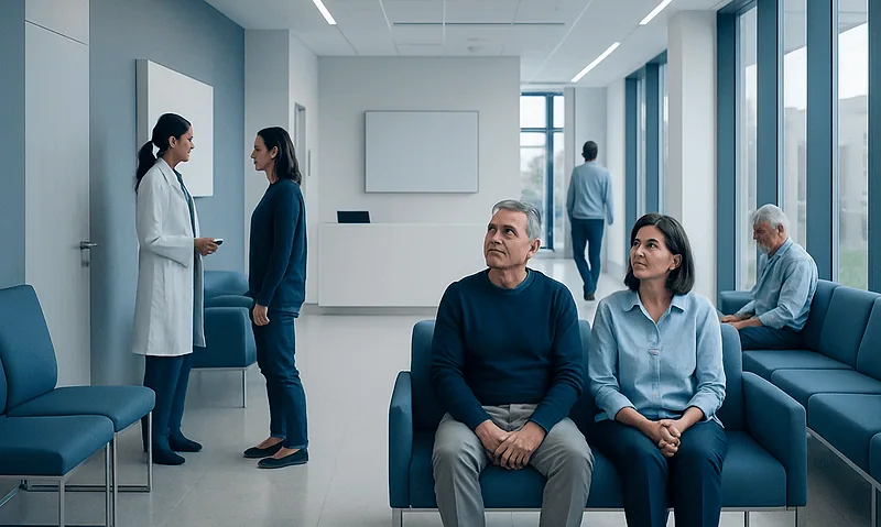 Patients waiting in a modern hospital lobby with medical staff consulting.