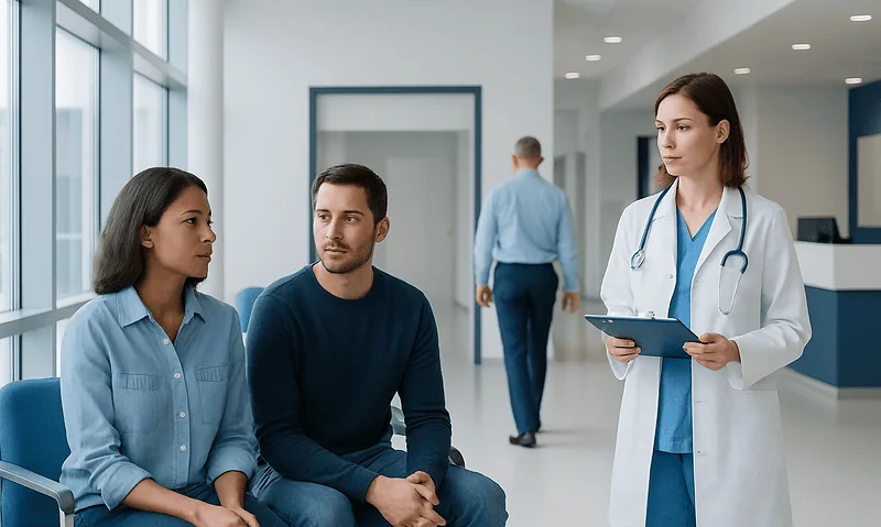 Doctor consulting with patients in a hospital corridor.