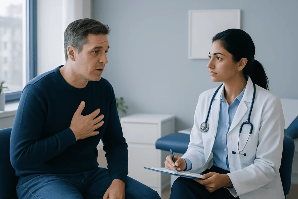 Doctor listening to patient explaining symptoms during consultation at Acibadem Hospital.