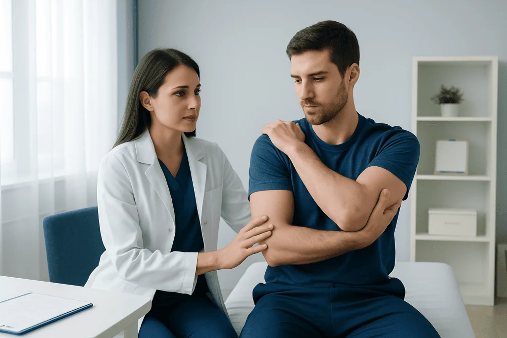 Doctor consulting with patient about shoulder pain in clinic.