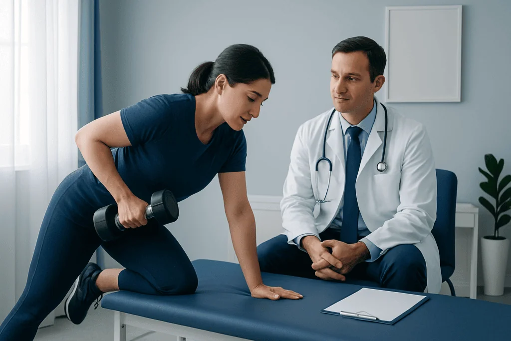 Physical therapy session with a woman using a dumbbell for strength training.