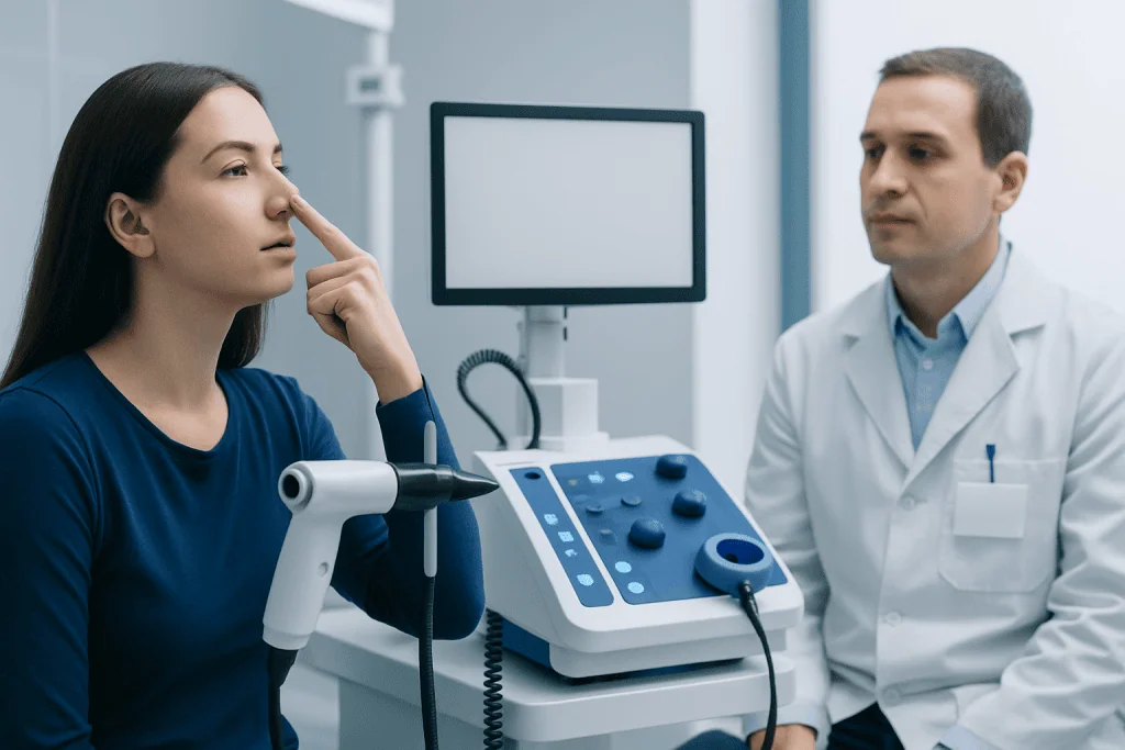 Patient undergoes nasal examination for deviated septum assessment.