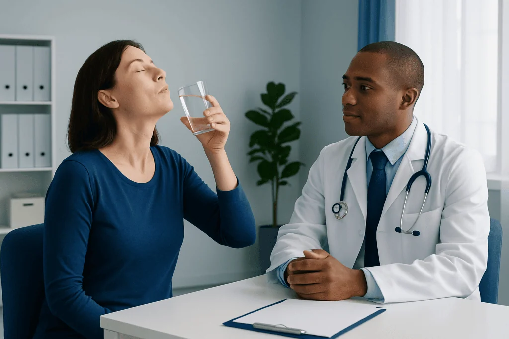 Woman drinking water during medical consultation at Acibadem Hospital.
