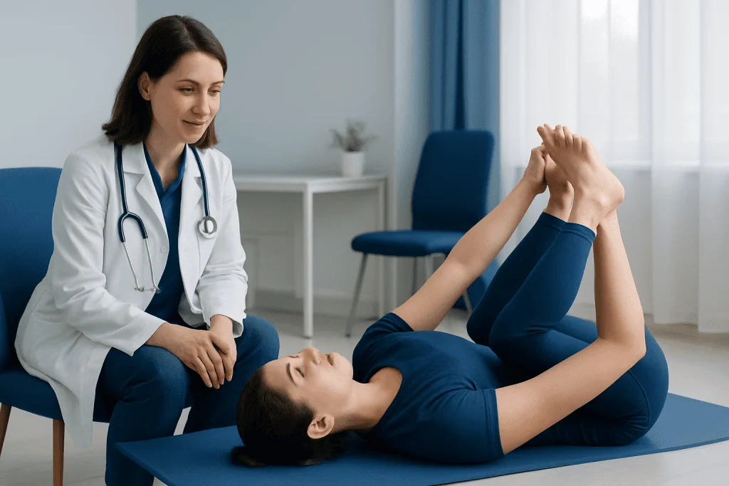 Doctor examining a patient performing Happy Baby Pose in a clinical setting.
