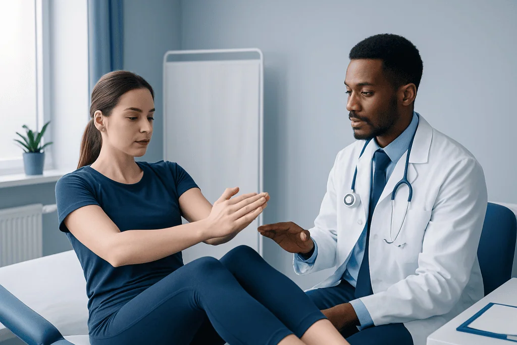 Doctor explaining treatment options to a patient in a medical consultation room.