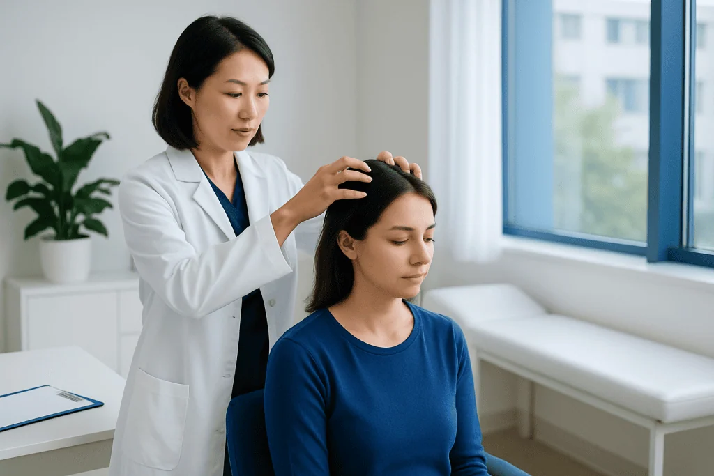 Doctor performing scalp examination on a patient in a clinical setting.