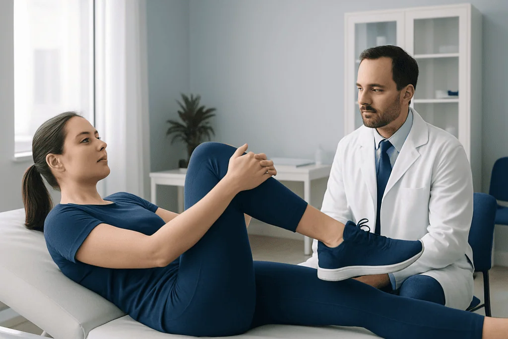 Doctor examining patient's knee during consultation at Acibadem Hospital.