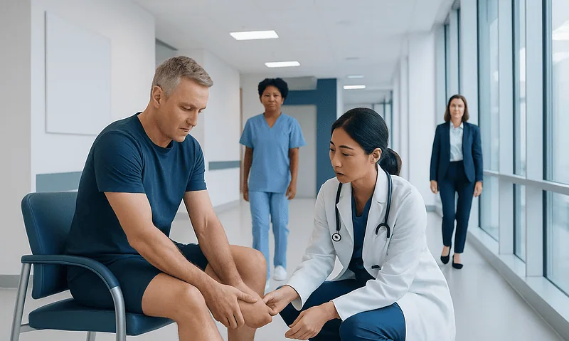 Doctor examining patient's ankle in hospital corridor for Achilles tendinitis.