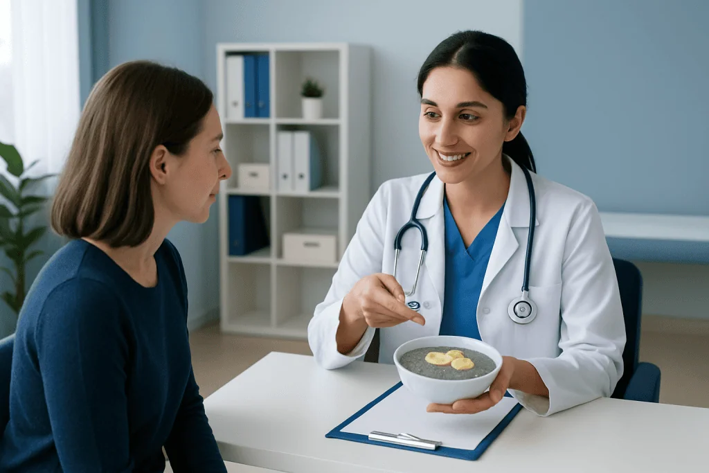 Doctor explaining health benefits to a patient in a clinic setting.