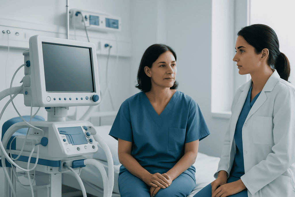 Medical consultation between a doctor and patient in hospital room.