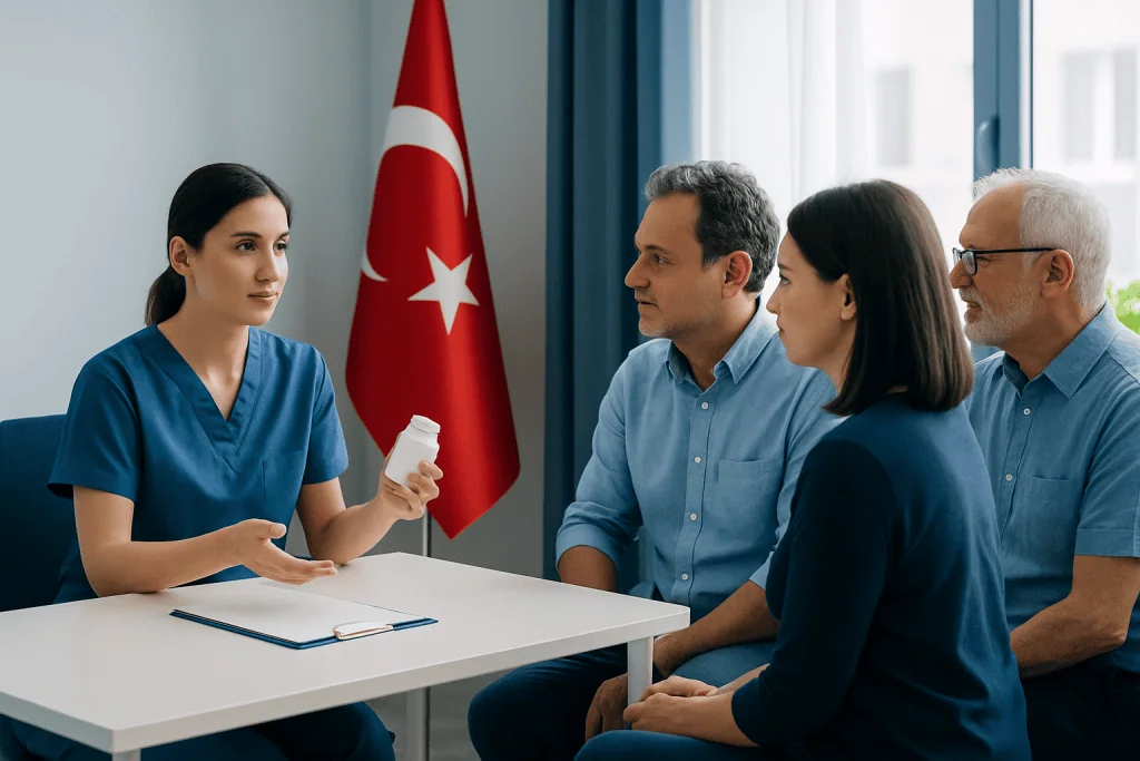 Healthcare professional explaining medication to family members in a hospital setting.