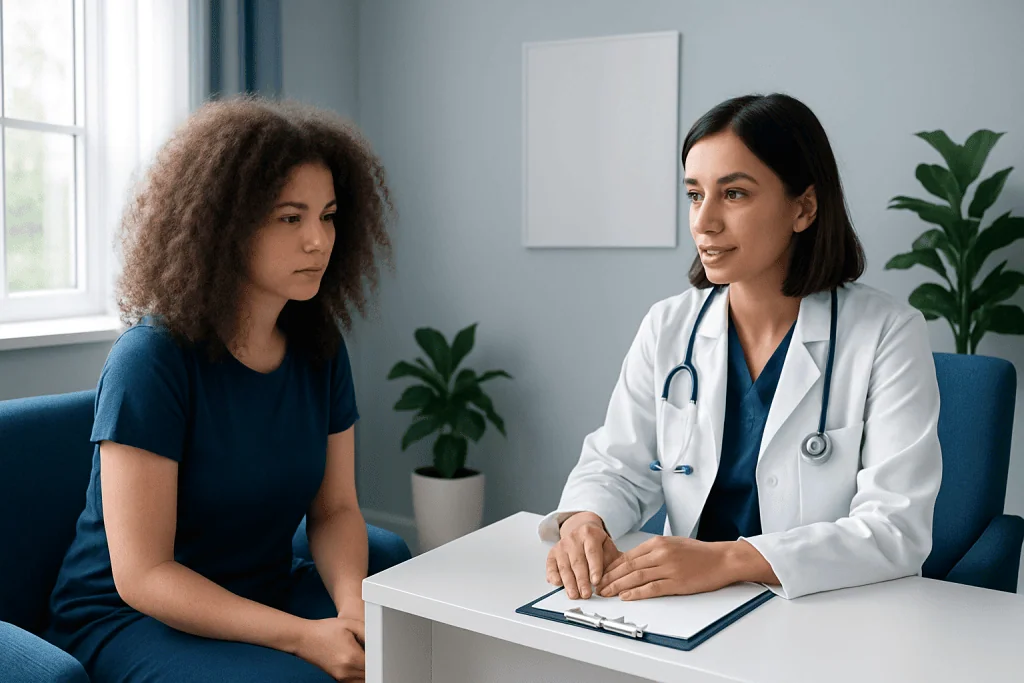 Doctor consulting with a young patient in a modern clinic room.