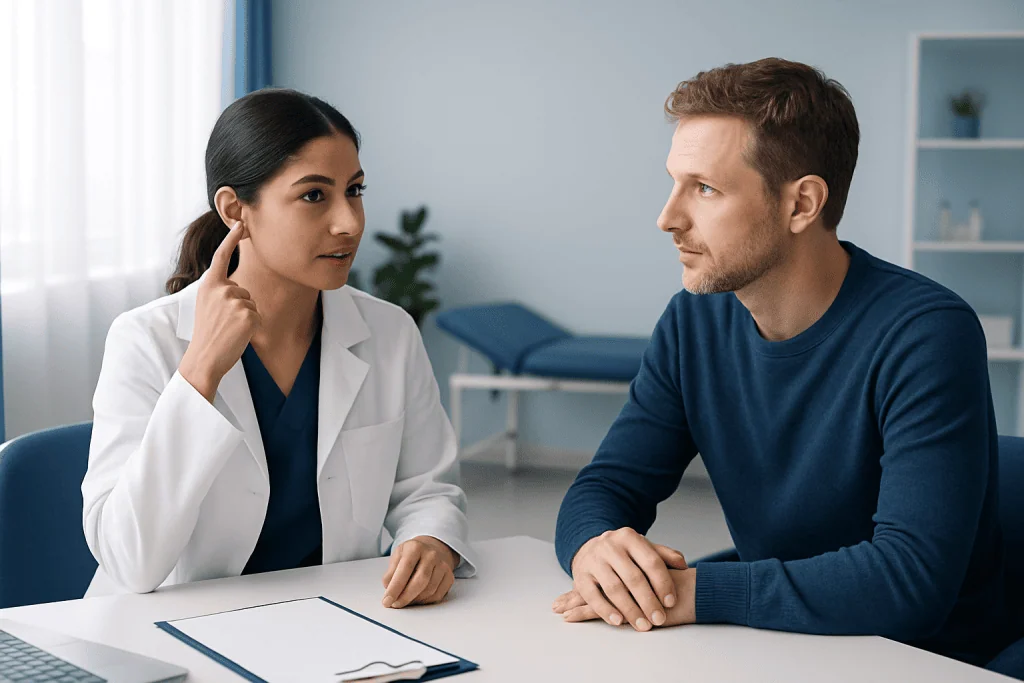 Doctor consulting with patient in a medical office setting.