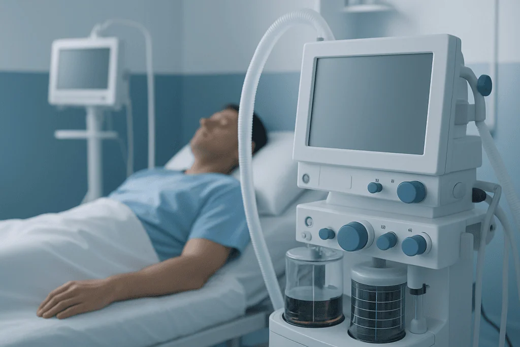 Hospital patient lying in bed with medical ventilator nearby.