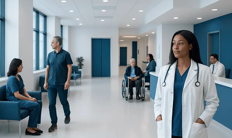 Healthcare professionals and patients in a modern hospital corridor.