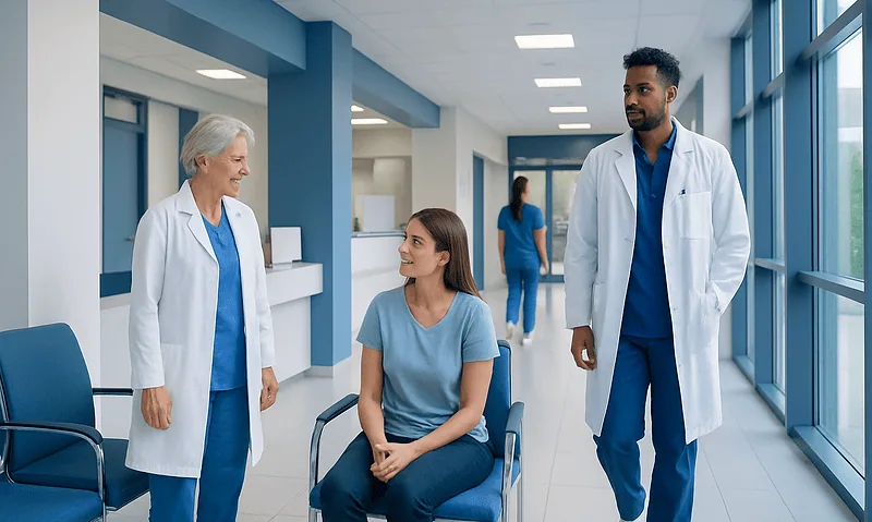 Medical team consulting with a patient in a hospital corridor.