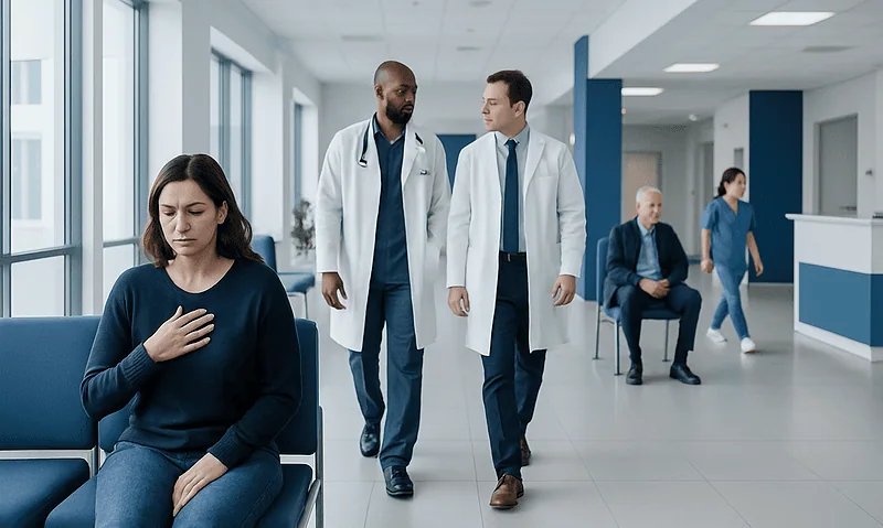 Patient waiting in hospital corridor with doctors and staff nearby.