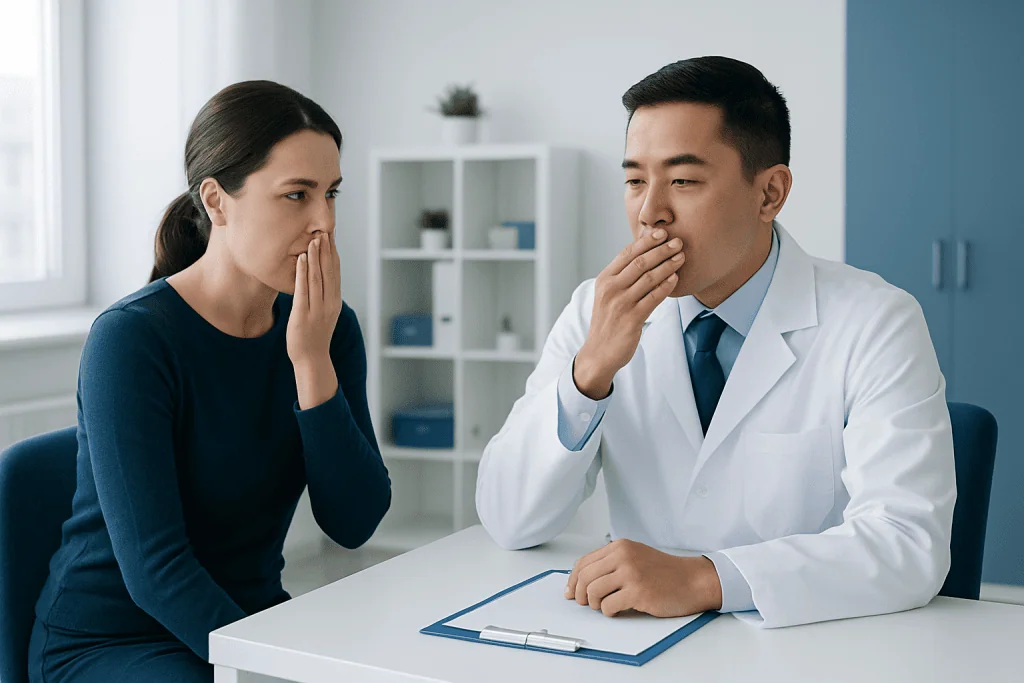 Doctor consulting with patient about bad breath causes in clinic.