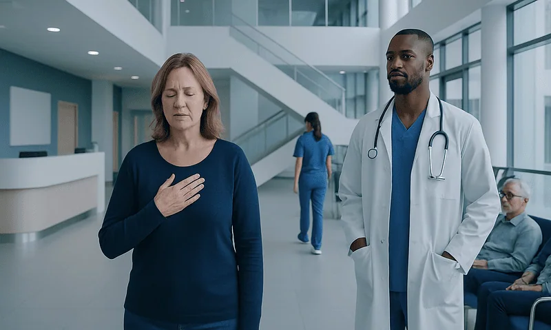 Woman experiencing heartburn with doctor in hospital corridor.