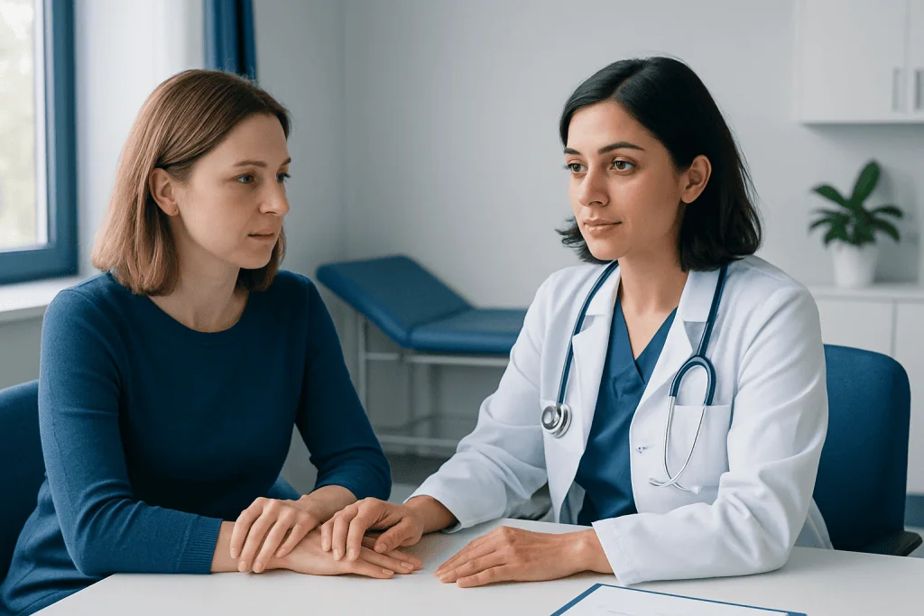Doctor consulting with a patient about skin concerns in a medical office.