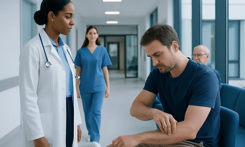 Doctor consulting a patient in a hospital corridor with medical staff nearby.