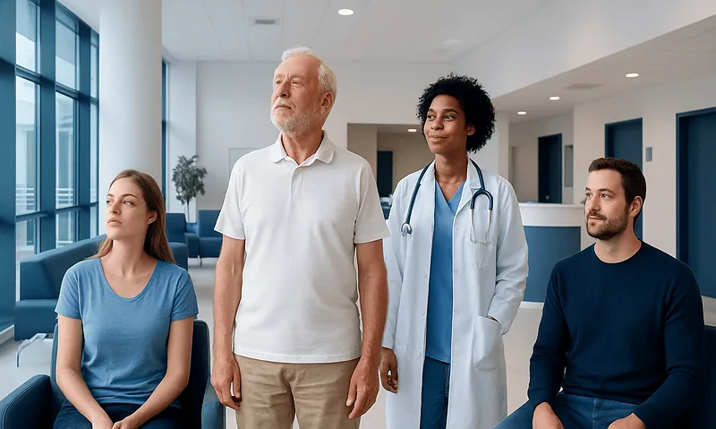 Doctor and patients in a hospital waiting area.