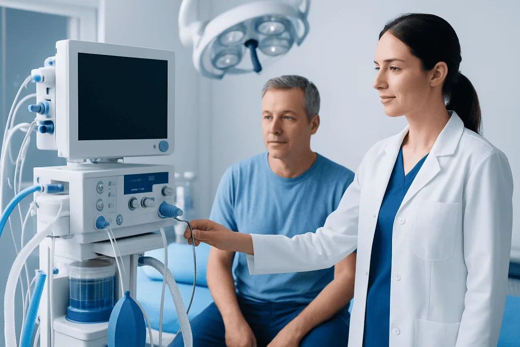 Medical professional adjusting ventilator in hospital room with patient.