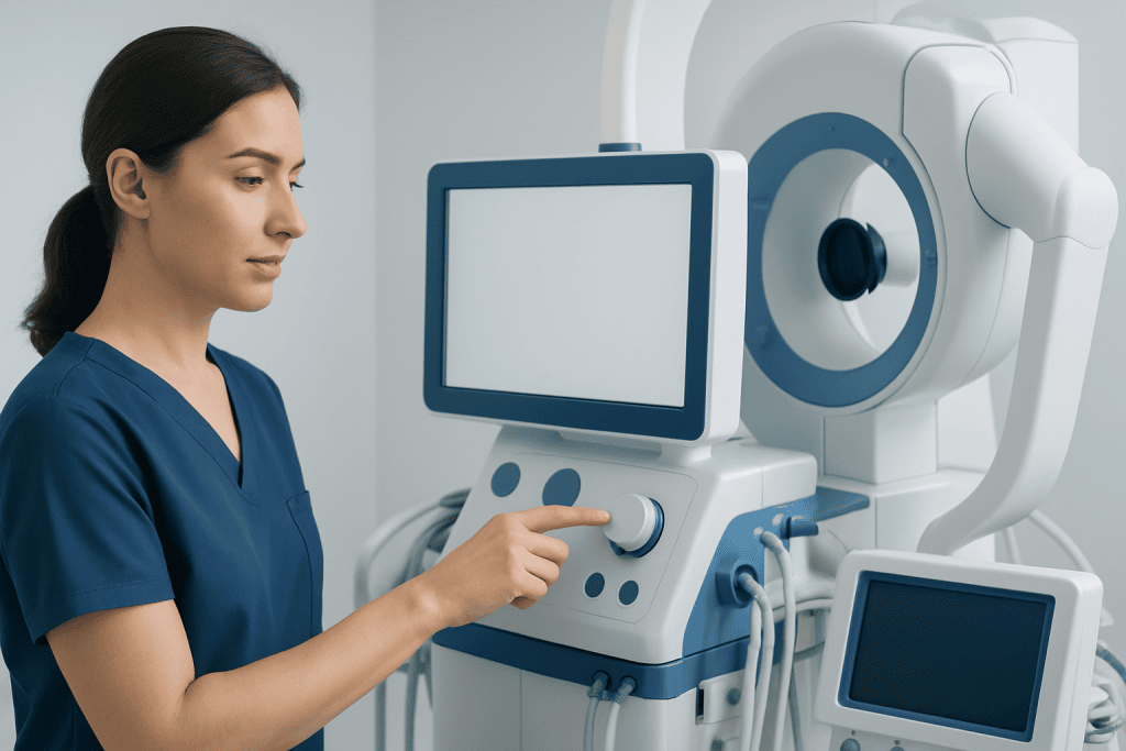 Medical professional operating advanced diagnostic imaging equipment in a hospital.