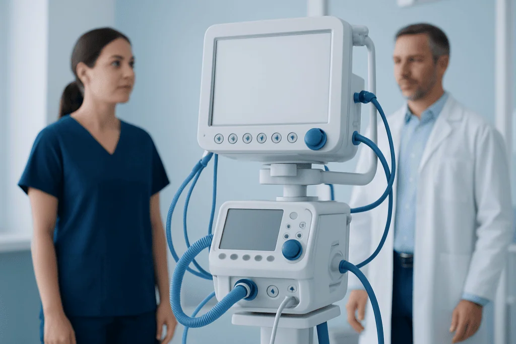 Medical professionals with ventilator in hospital setting.