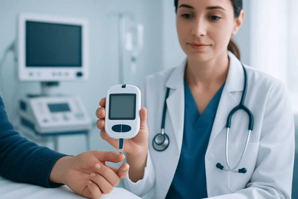 Healthcare professional checking blood glucose meter in clinic setting.