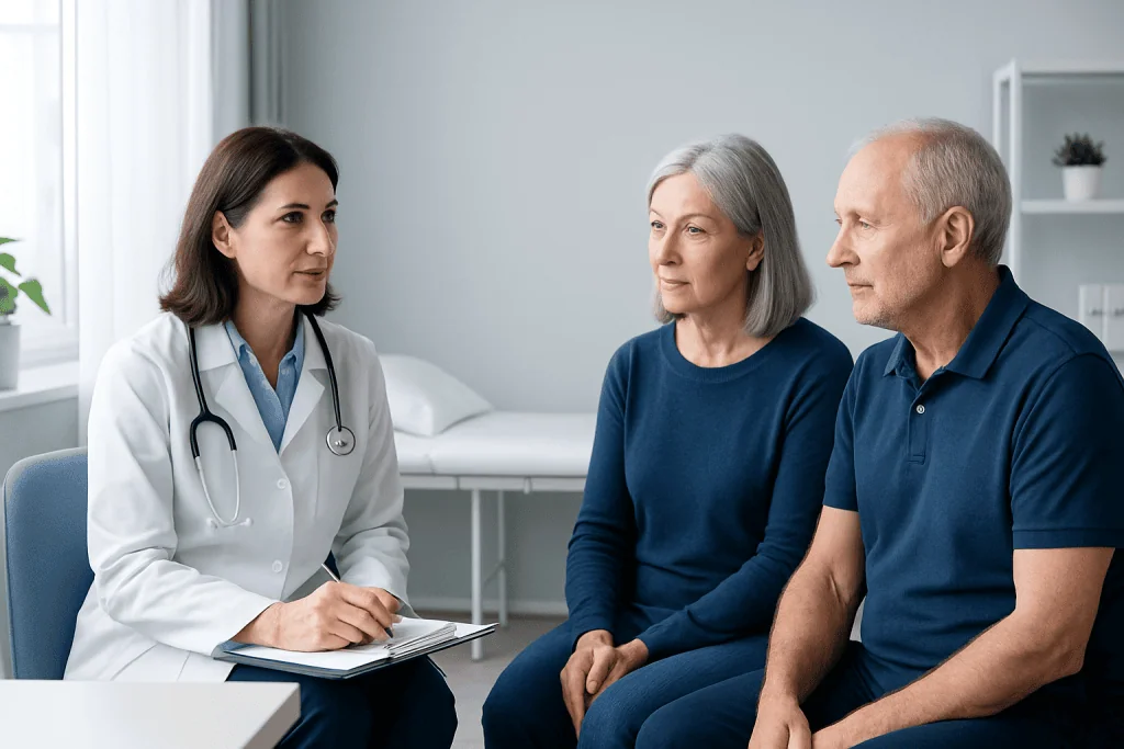 Doctor consulting with elderly couple about health in a clinic setting.
