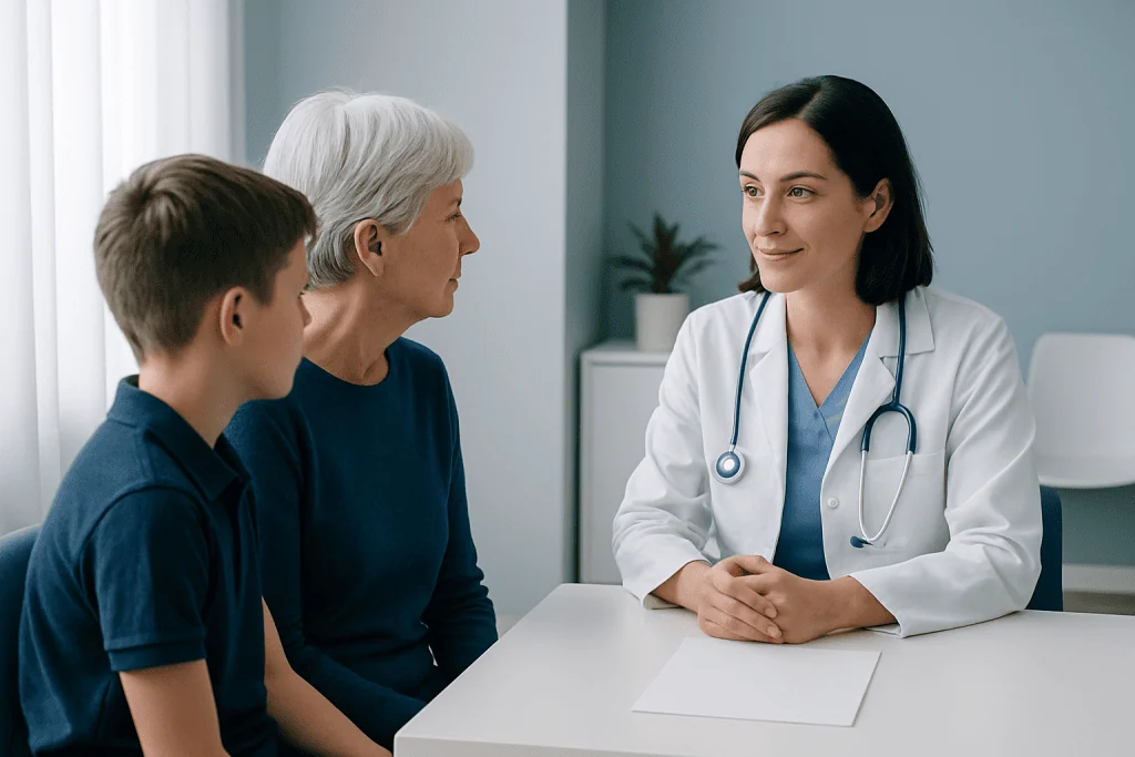 Doctor consulting with an elderly woman and a young boy in a medical office.