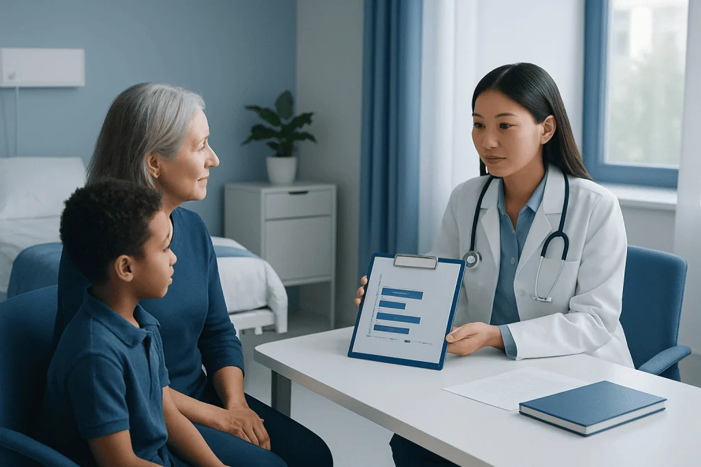 Doctor consulting with a patient and child in a hospital room.