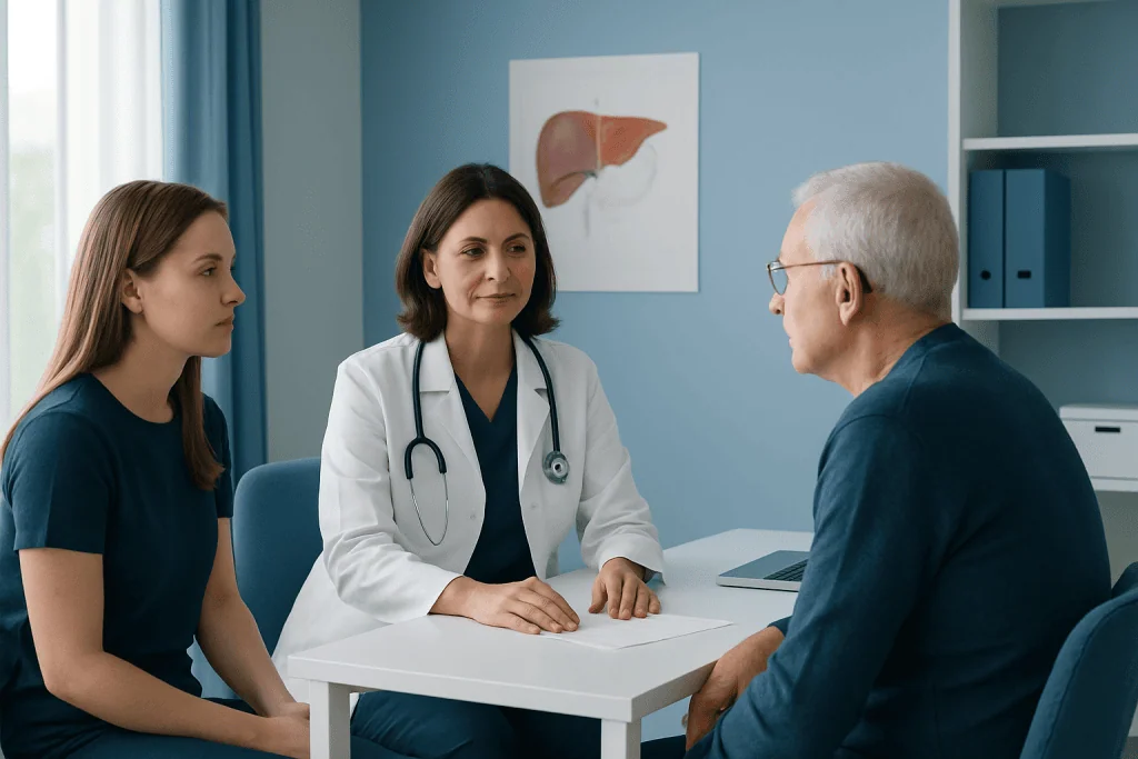 Doctor consulting with a patient and a young woman in a medical office.